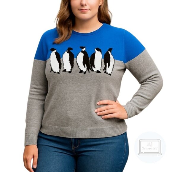 Talbots Womens Penguin Sweater Blue Gray Colorblock Lambswool Blend Plus Size 1X - Picture 1 of 12